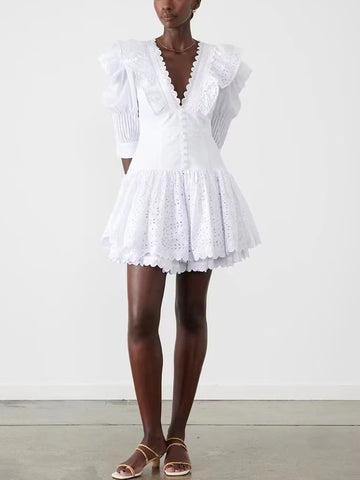 Woochic robe cocktail col en V courte taille haute à volants,vacances S blanc